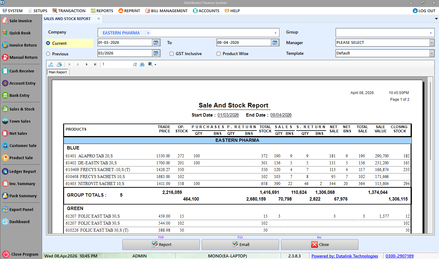 Datalink DFS sales and stock report