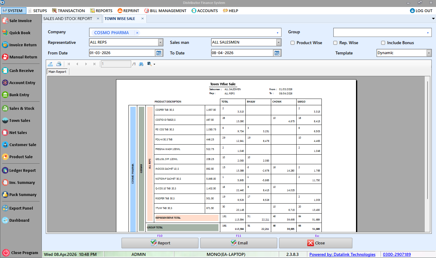 Datalink DFS town wise sale report