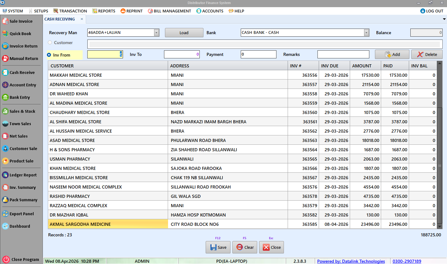 Datalink DFS payments and banking screen